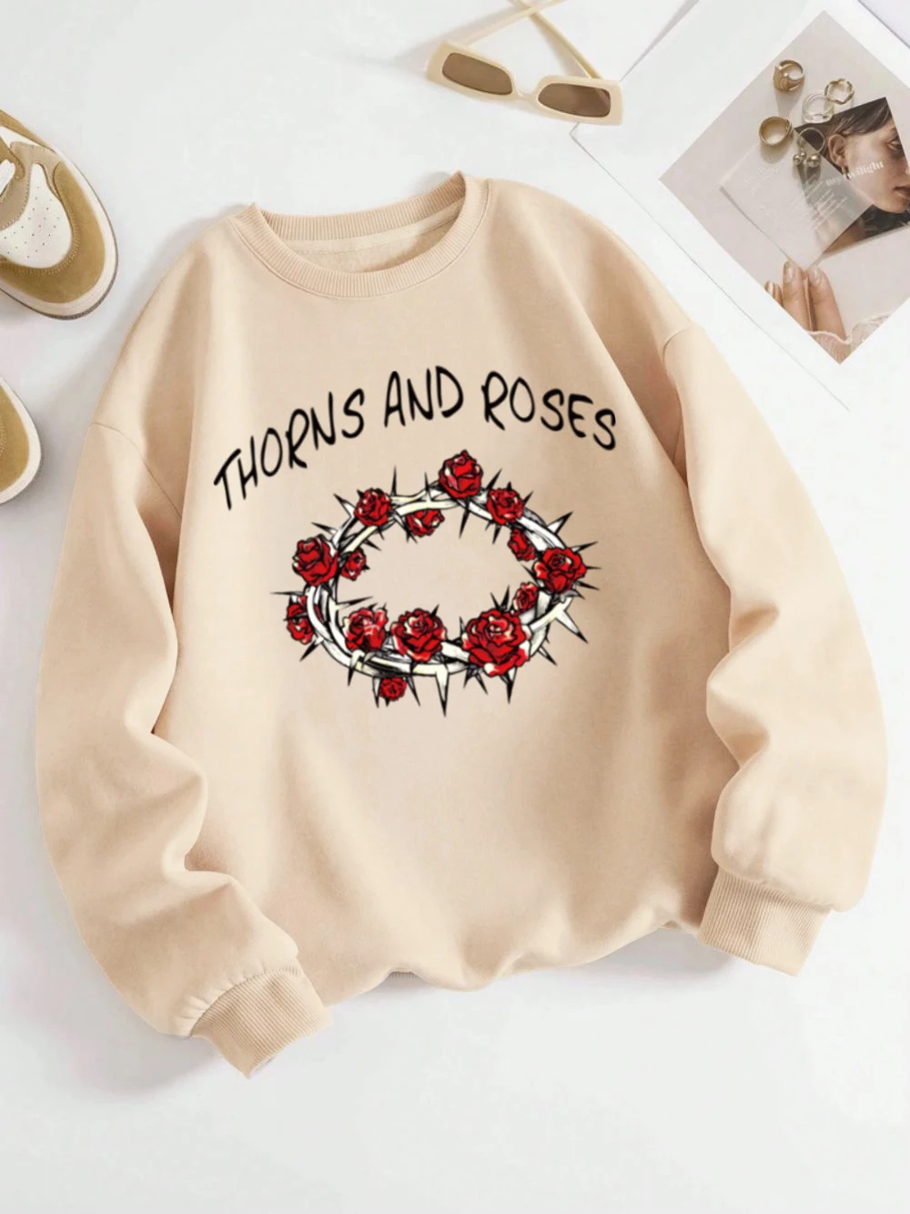 Thorns And Roses Sweatshirts Womens Flowers Prints Hoodies Fleece Warm Crewneck Loose Pullover Winter Comfortable Female Clothes