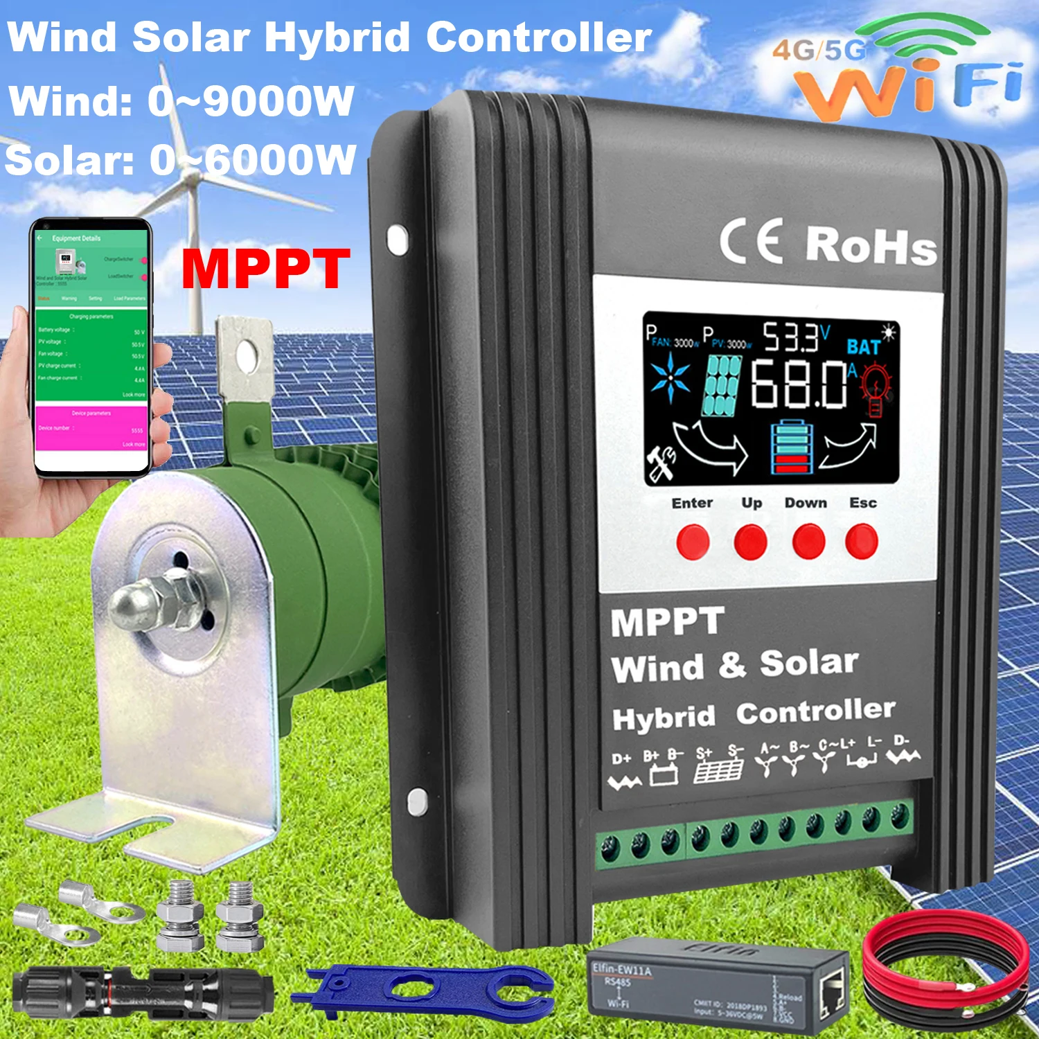 Max 15000W MPPT Wind Solar Hybrid Charge Controller With Dump Load 3000W Wind Turbine 3000W Solar Panel 12/24/48V Auto Regulator