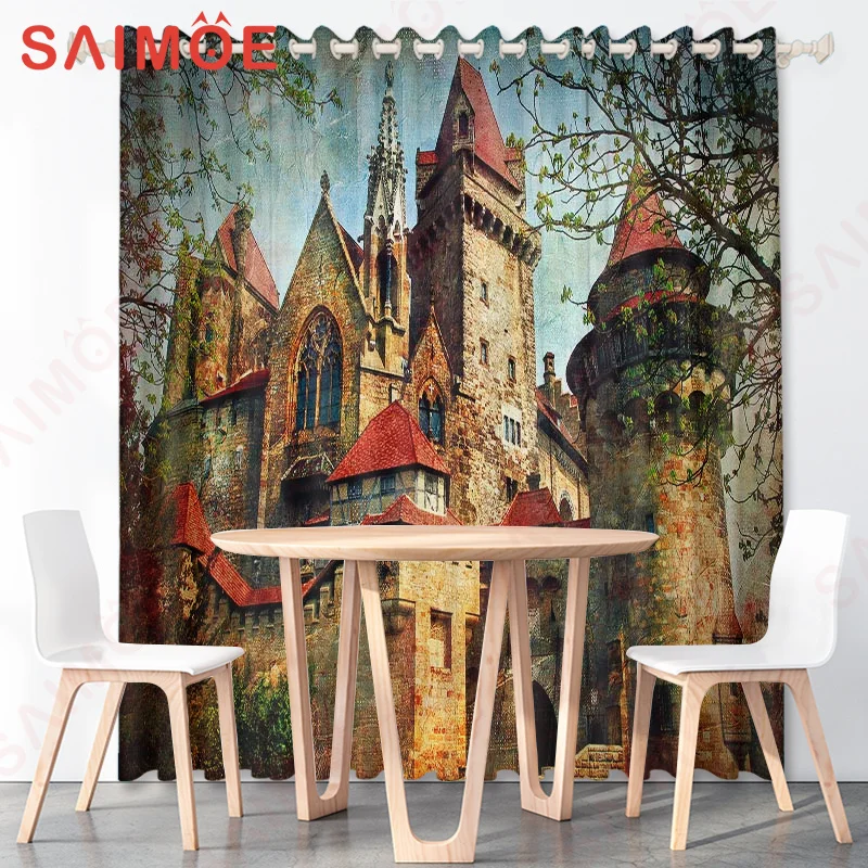 European and American Modern City Building Views Curtains Sunset Hot Air Balloon Castle Thin Polyester Fabric Office Decorations