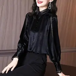 French Chic Lace Stand Collar Lantern Sleeve Women Shirt Black Colour Chiffon Long Sleeve Pearl Button Single Breasted Thin 2XL