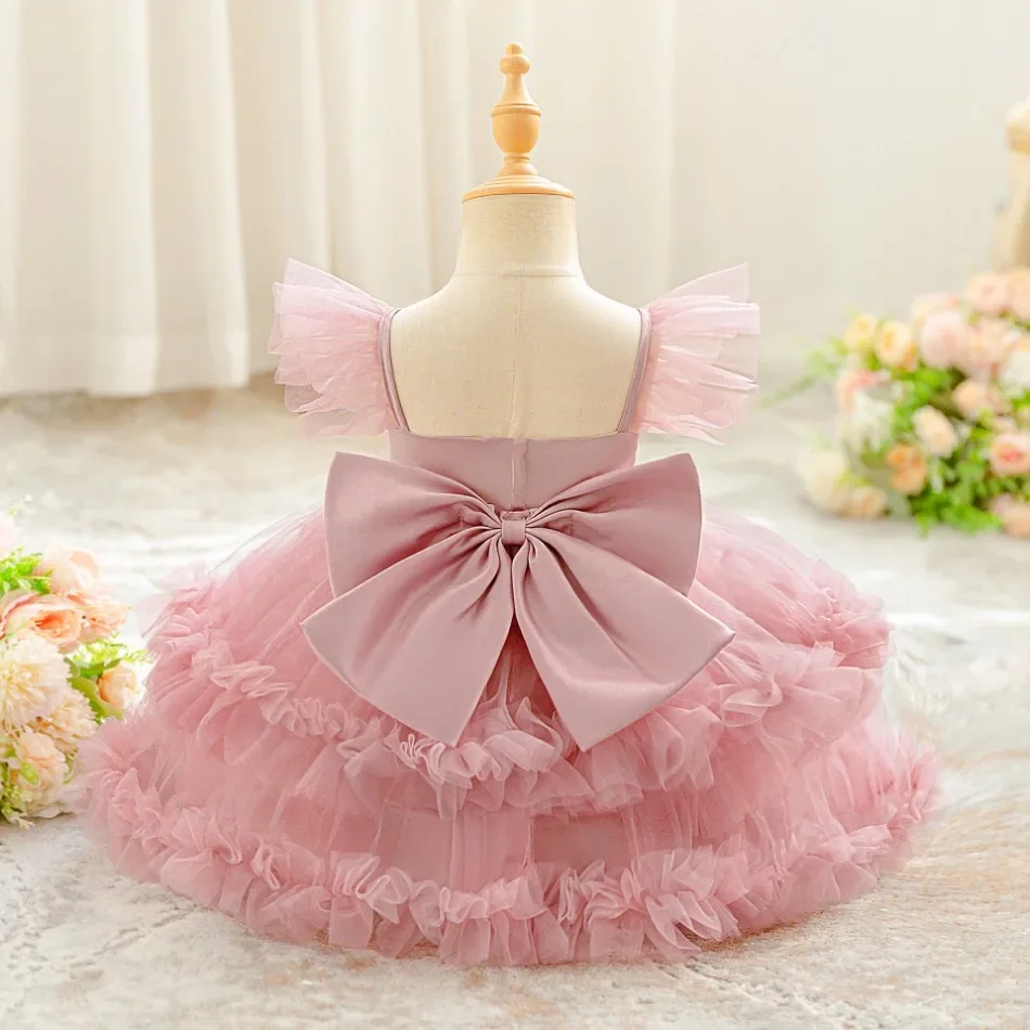 

Fluffy 1st Princess Pink Bow Tutu Dress For Baby Girl Clothes Big Bow Party Dresses Girls Voile Birthday Baptism Clothing ASQ03