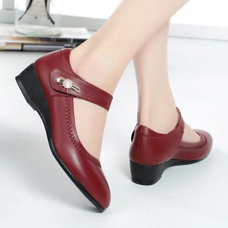 Fashion Women's Sandals Platform Party Pumps PU 5CM Square Heel Summer Buckle Strap Women Shoes Black Wine Red