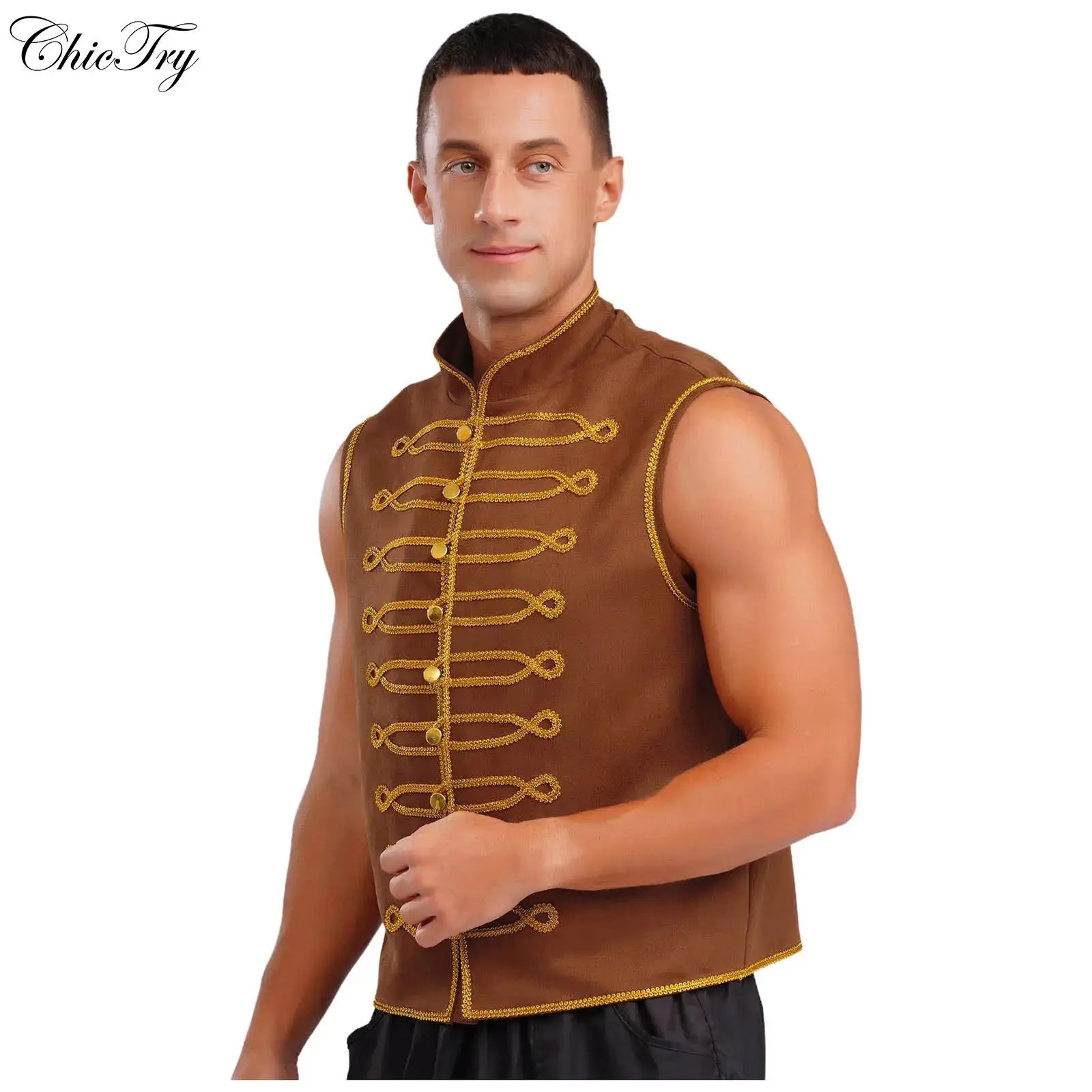 

Mens Medieval Costume Cosplay Vest Punk Stand Collar Sleeveless Gold Trimming Gold Buttons Retro Vest Tops Halloween Waistcoat