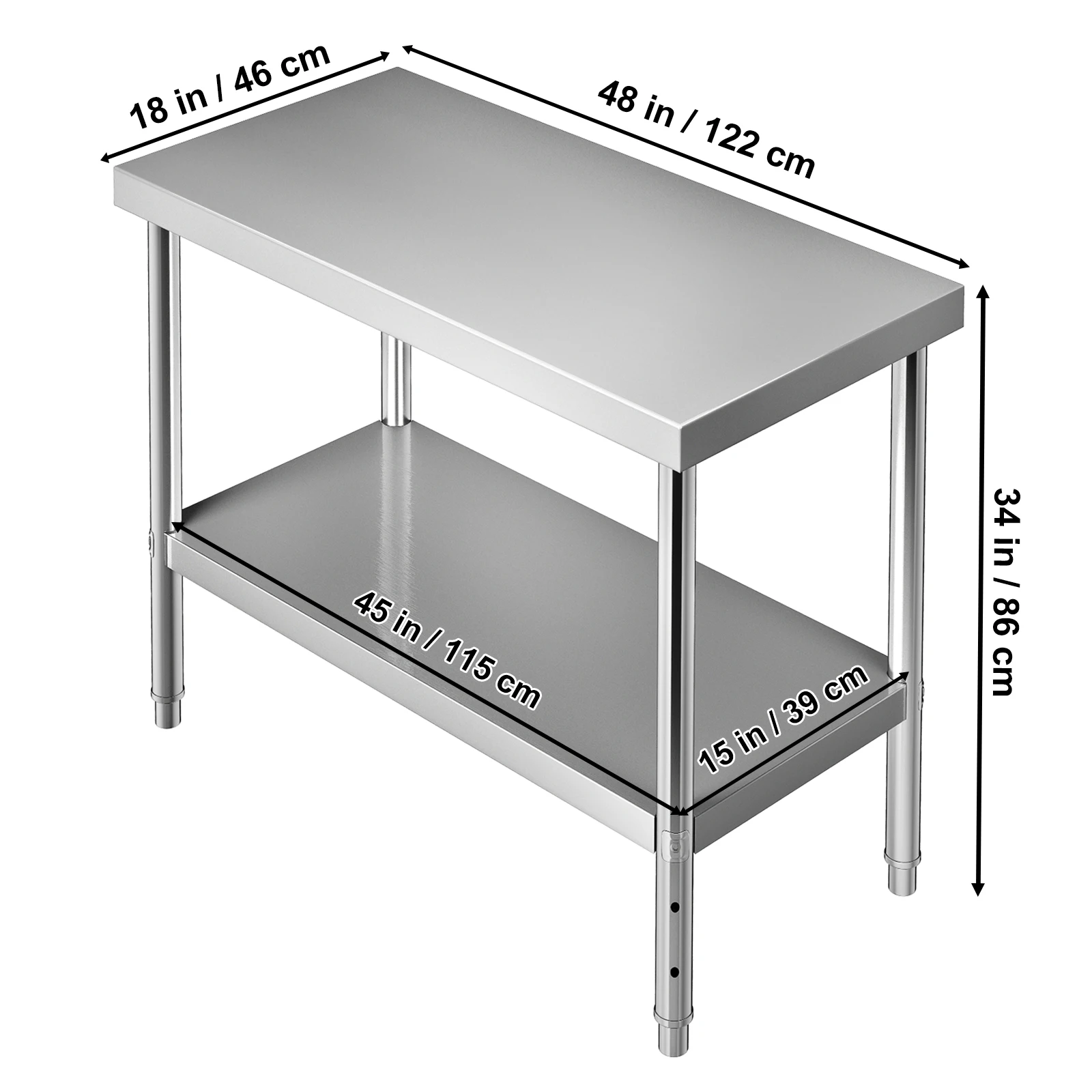 VEVOR-mesa de preparación de trabajo de acero inoxidable, mesa de trabajo de Metal con estantería ajustable, 48x18x34/60x24x34/72x30x34 pulgadas, 550 libras