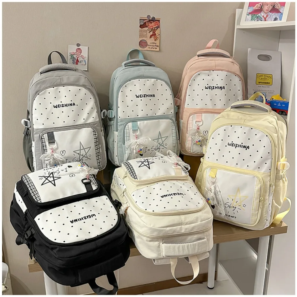 Lightweight nylon fabric student schoolbag, cute polka dot five-pointed star pendant, large-capacity travel bag for women