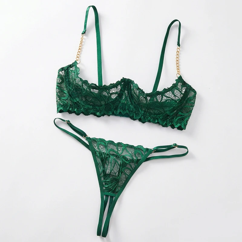 

Women Lace Lingerie Ultra Sexy French Thin Bra Sets Intimate Exotic Sets Luxury Erotic Lingerie Dark Green Youth Sexy Lingerie