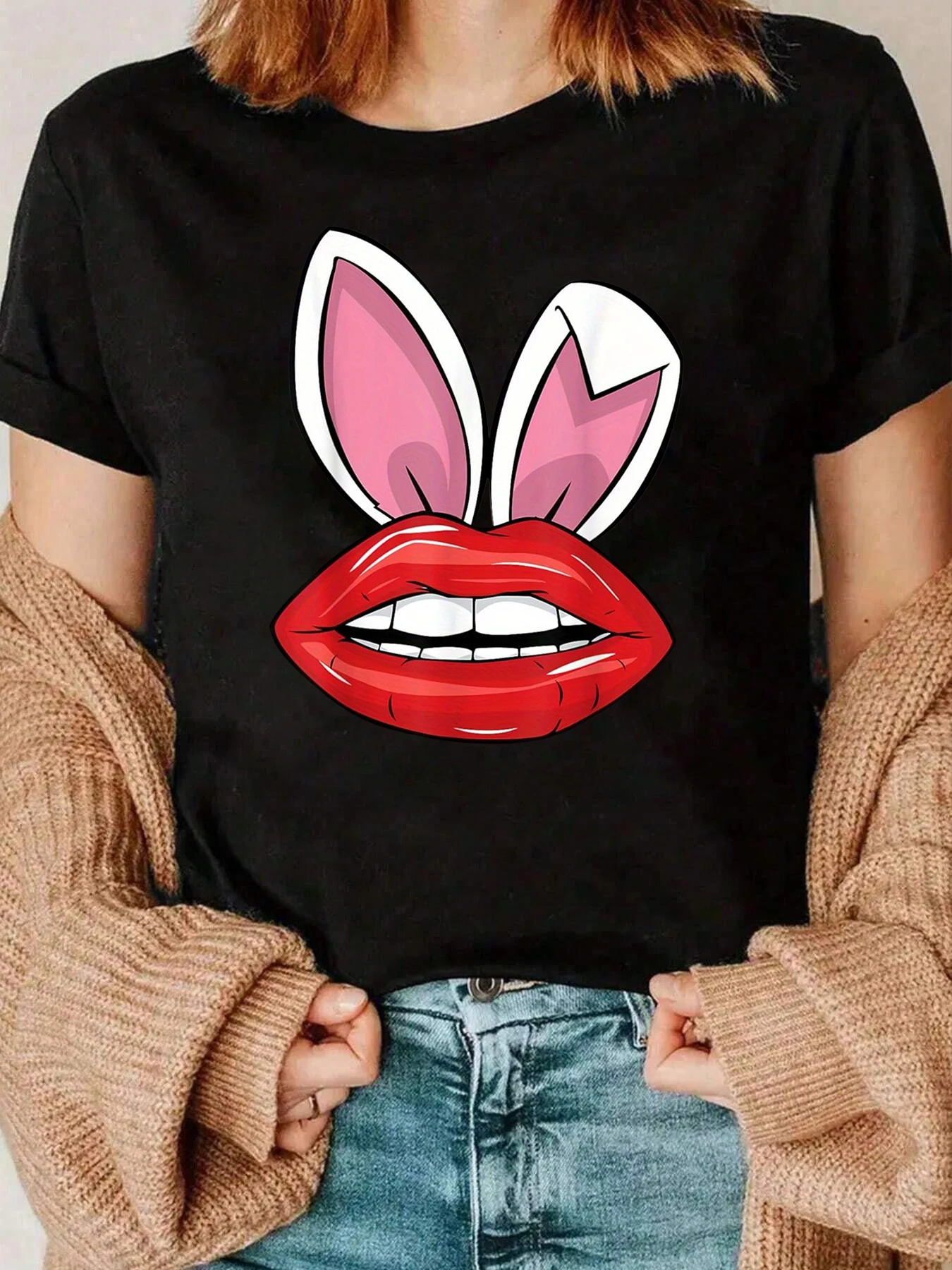 

Пасхальная футболка с принтом кроличьих ушей и губ, повседневная женская одежда, 220 г