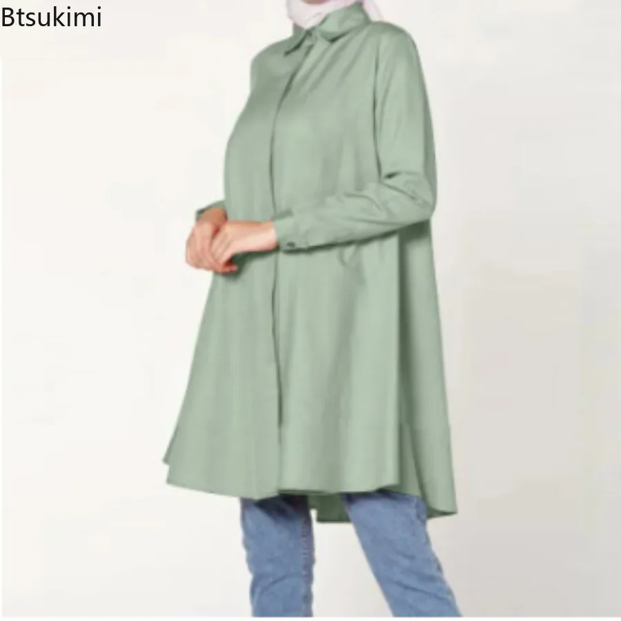 2024 Muslim Fashion Abayas for Women Oversized Solid Loose Casual Cardigan Lapel Button Tops Ladies Modest Blouses Elegant Shirt