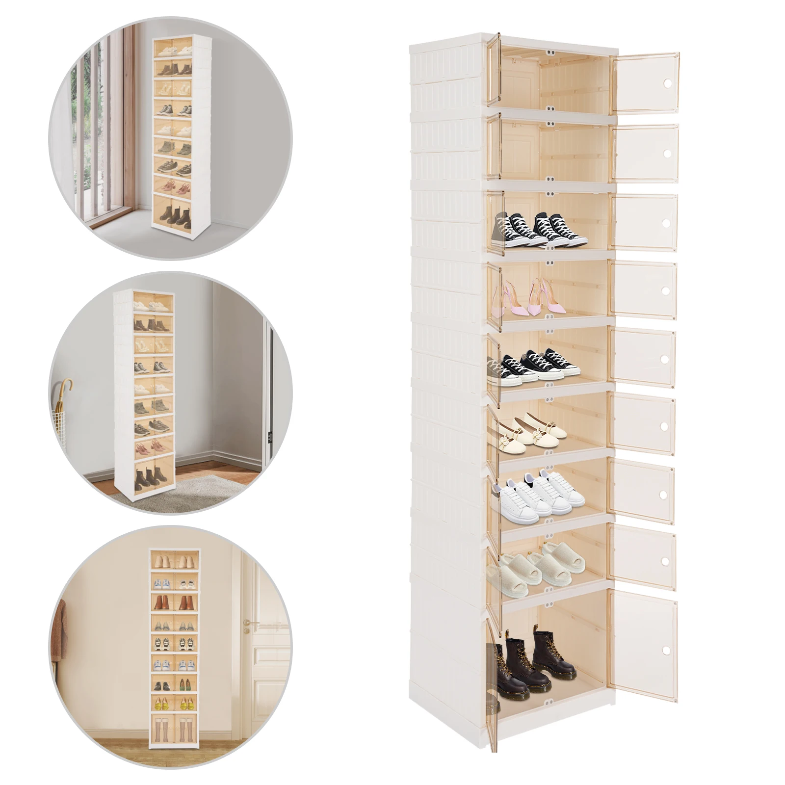

9-Tier Foldable Shoe Rack-Plastic Collapsible Storage Box 17.32x13.58x66.54in 18 Pairs Magnetic Door, Pulley, No Assembly Needed