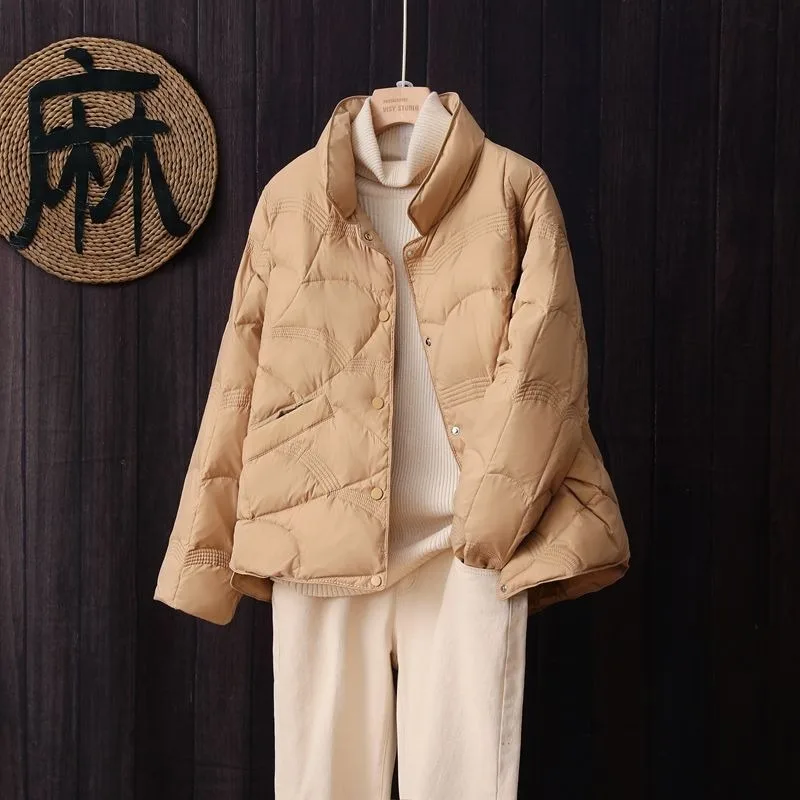 Women Cropped Puffer Jacket Stand Collar Button Quilted Loose Solid Long Sleeve Pocket Lightweight Coat Autumn Winter