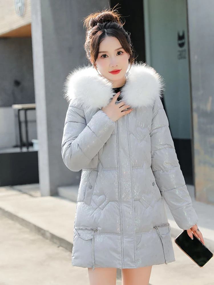 Winter Down Cotton Jacket for Women Medium Length Hooded Fake Fur Collar Padded Coats Korean Style Slim Outerwear Parka 2024