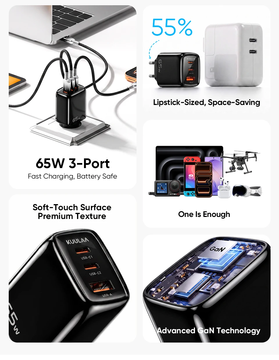 KUULAA 65W GaN Ladegerät Typ C Quick Charge 4.0 3.0 PD USB-Ladegerät für iPhone 17 16 15 Pro Max Schnellladegerät für Laptop PD-Ladegerät – Detail 2