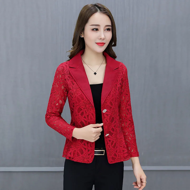 Women\'s Blazer Jacket Korean 2024 Spring Summer New Slim Lace printing Small Suit Jackets Female Elegant Thin Blazers Women Coat