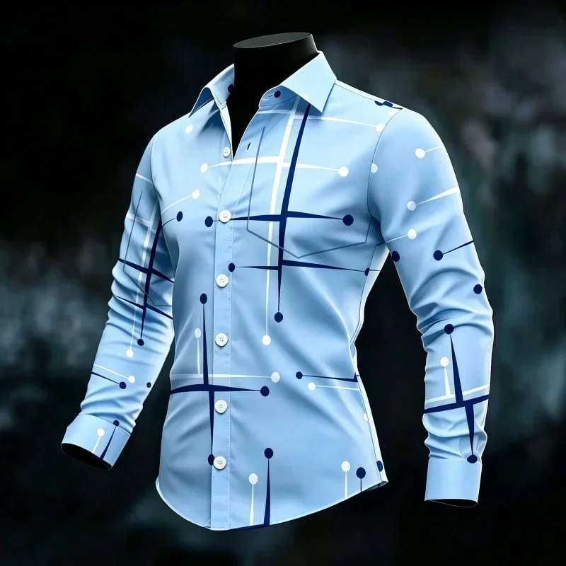 2026 new men's solid color geometric line shirt fashionable street versatile long sleeved shirt business casual men's