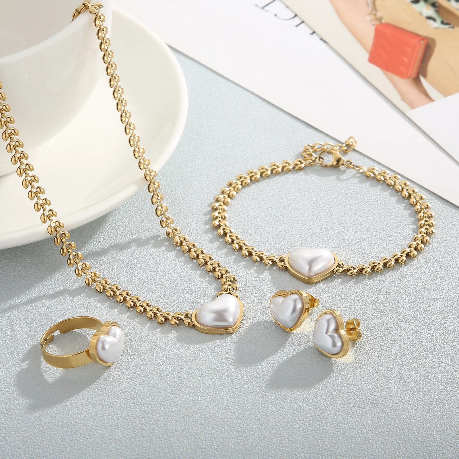 

Stainless Steel Heart Shell Jewelry Sets For Women Gold Color Fashion Luxury Necklace Bracelet Earring Ring Wedding Jewelry Gift