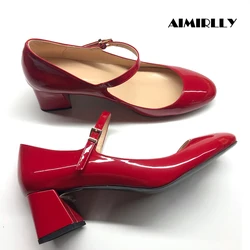 Women Red Patent Round Toe Block Heel Office Pumps Shoes