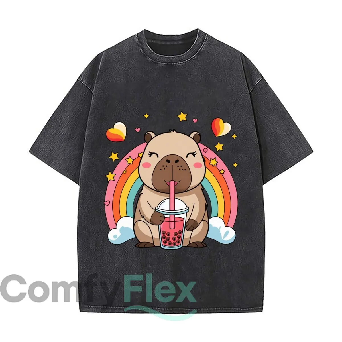 Camisetas holgadas de estilo urbano con ilustraciones de capibaras adorables bebiendo té de burbujas, estrellas de arcoíris y corazones, de estilo vintage y desgastado, ideales para los días en el campus.