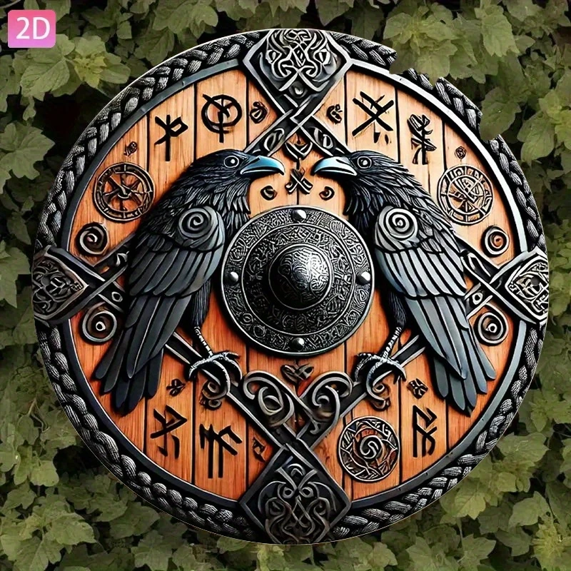 2D Viking War Shield Replica Wooden Circular Disc Nordic Celtic Knot & Raven Design for Home Bar Party Decor Hanging Artwork