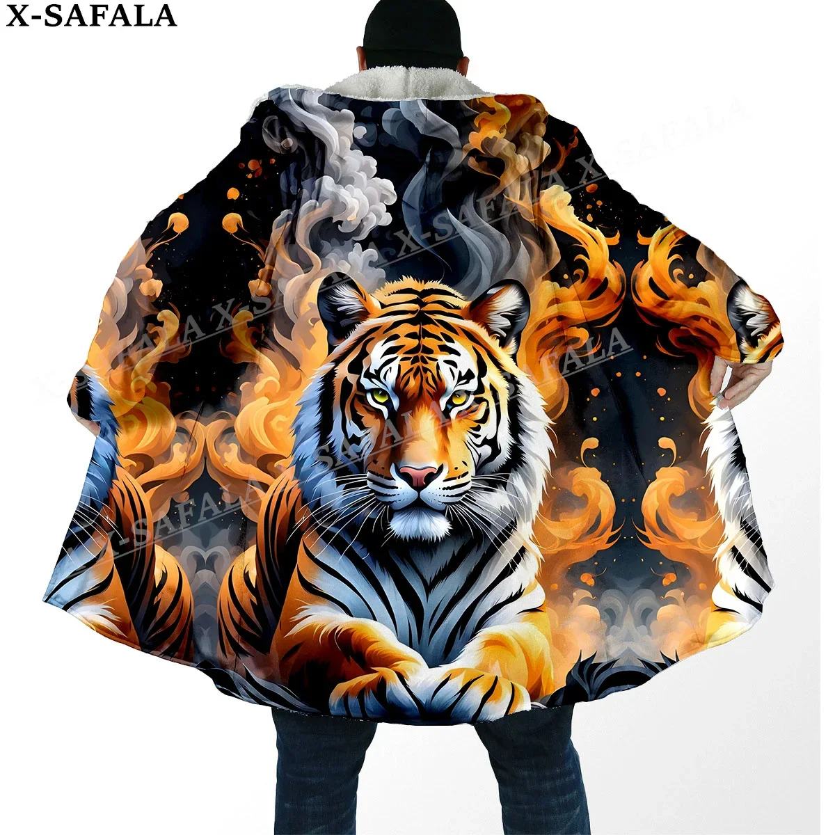 Mythology Tiger The King Spirit Thick Warm Hooded Cloak Men Overcoat Coat Windproof Fleece Cape Robe Hooded Blanket-78