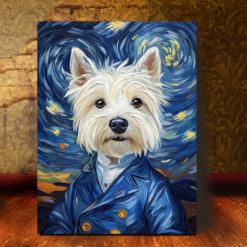 Van Gogh-Style West Highland White Terrier (Westie) Dog - لوحة فنية قماشية مرسومة يدويًا بدون إطار مقاس 11.8 × 15.7 بوصة، مدخل ليلي مرصع بالنجوم