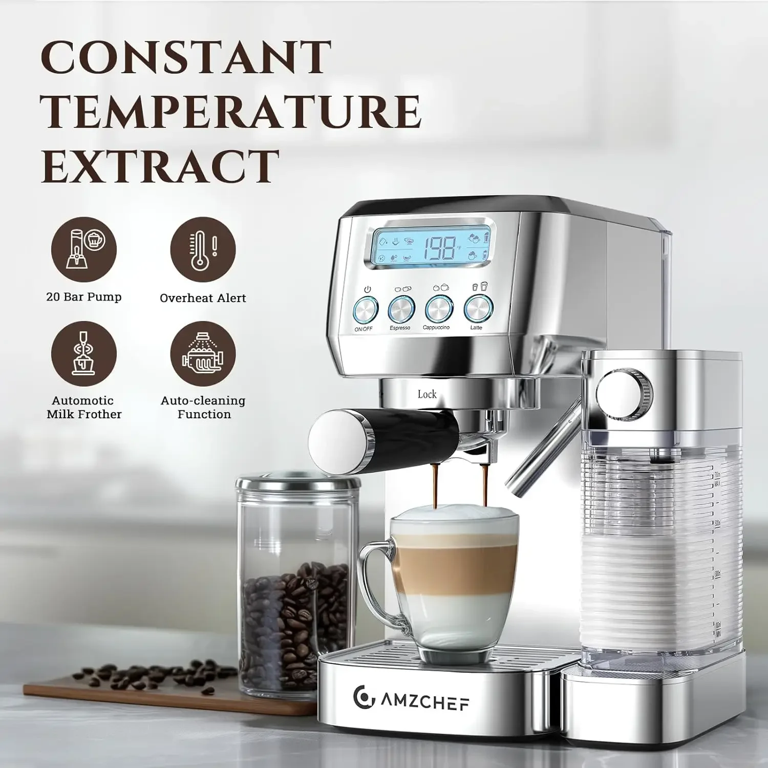 Espresso Machine with LCD Display, 20 Bar Cappuccino Machines with Automatic Milk Frother for Home Gifts, Latte Coffee Maker wit