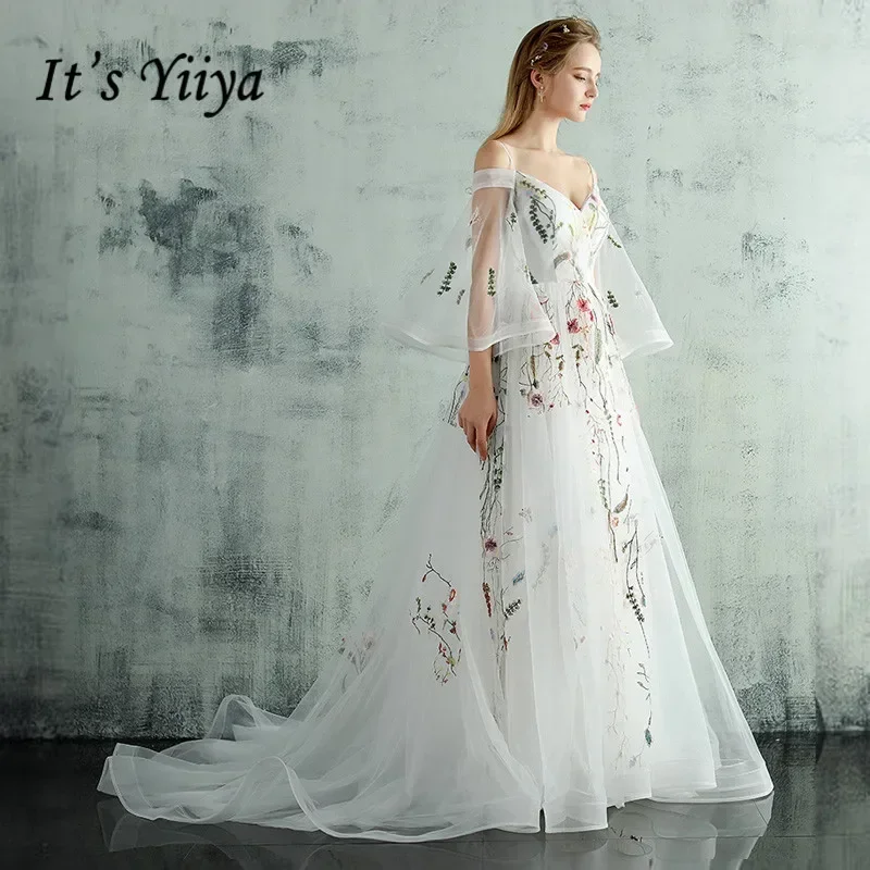 It's Yiiya Customized Evening Dress White Tulle Boat Neck Flare Sleeves Appliques Train Plus size Lady Party Gown Robe de soiree