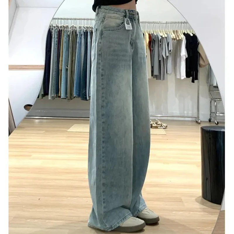

Женские винтажные дизайнерские широкие джинсы 2025, горячая распродажа, женские однотонные джинсовые брюки для девочек, классические корейские модные тонкие брюки