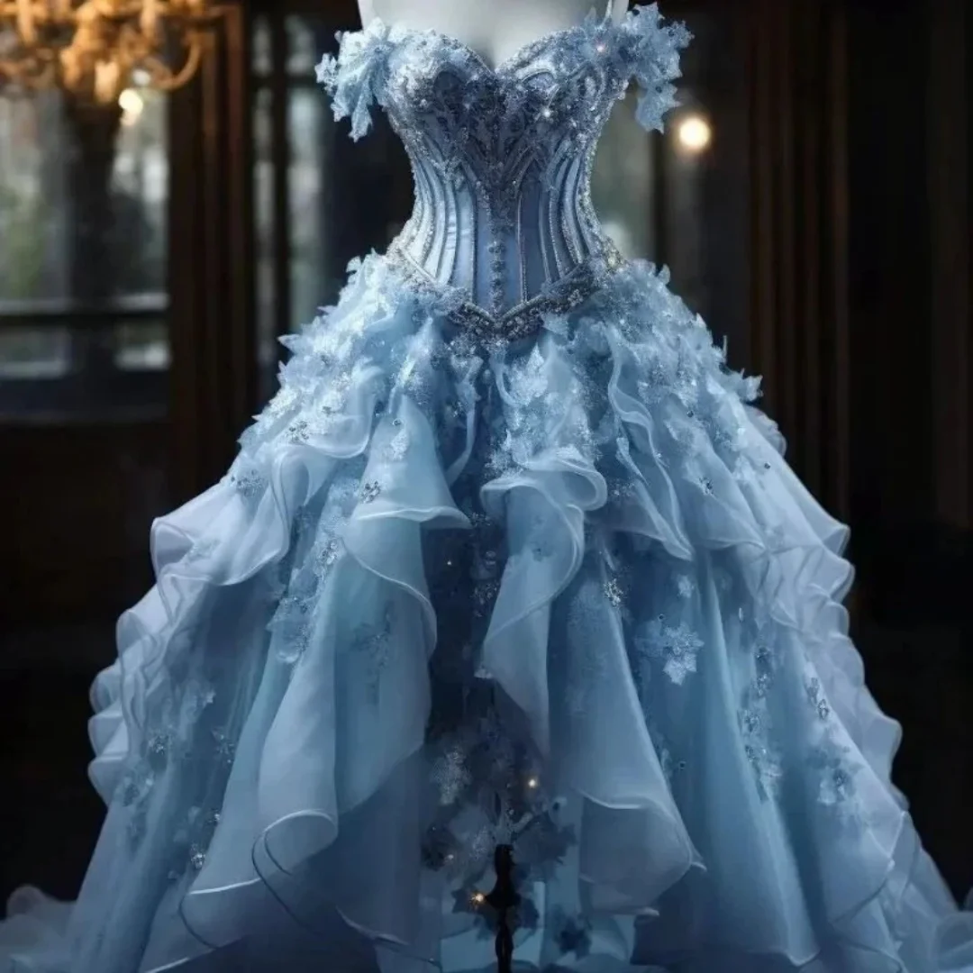 Ice Blue Off Shoulder Corset Prom Dress 3D Floral Applique Ruffle Organza Princess Formal Gown Wedding Reception Customized