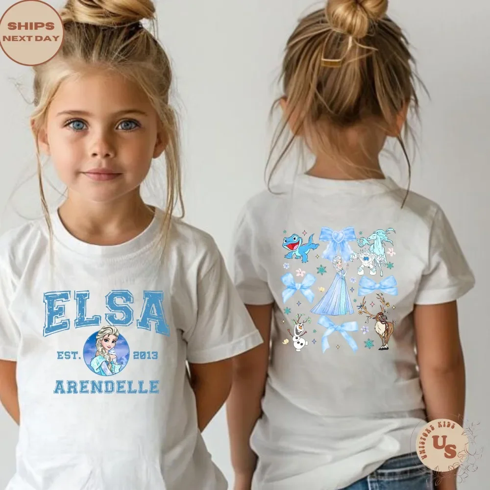 Camiseta de manga corta para niñas Elsa Arendelle Retro con estampado de doble cara 100% algodón