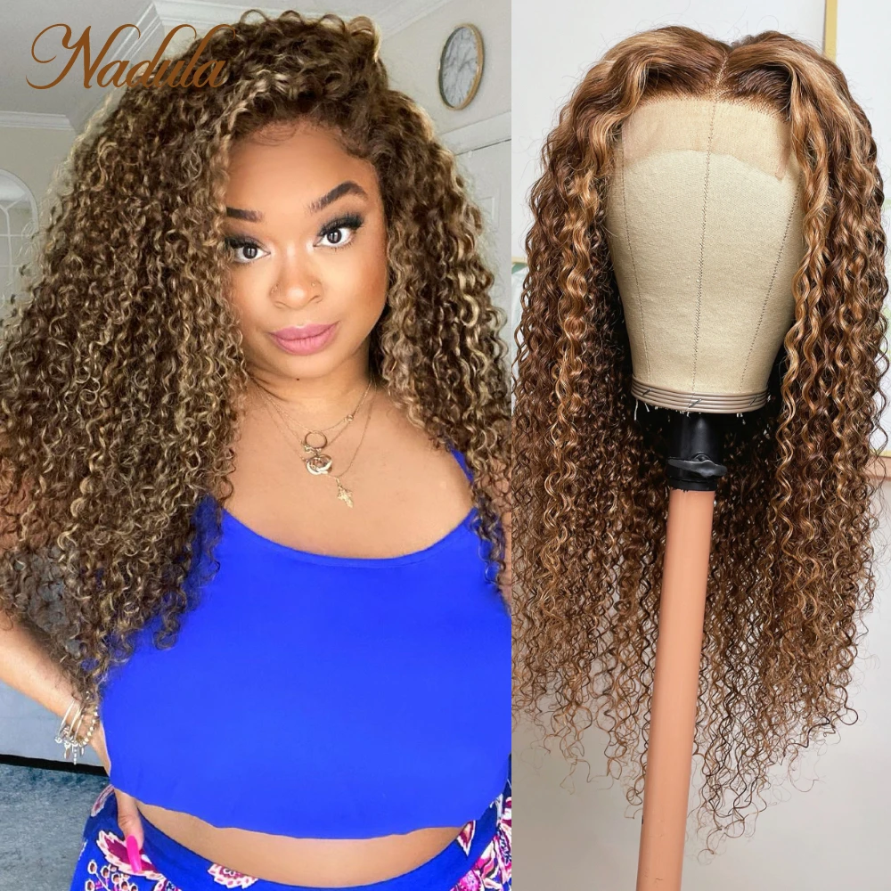 Nadula Highlight Brown Curly Hair Lace Front Wigs 4x4 Lace Closure Human Hair Wigs Honey Blonde Highlight Ombre Wig for Women