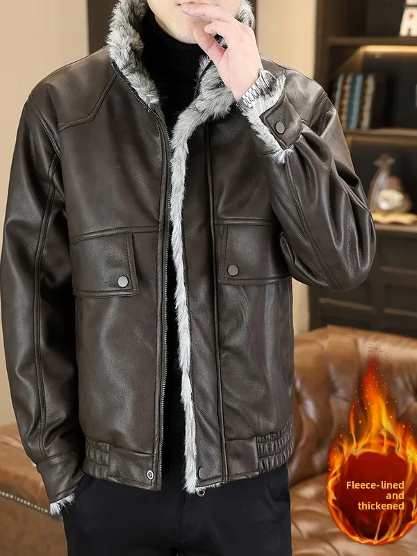 

Мужская кожаная куртка Bantum 2025 с флисовой подкладкой, утепленная, с воротником-стойкой, теплая, в мотоциклетном стиле, модная верхняя одежда