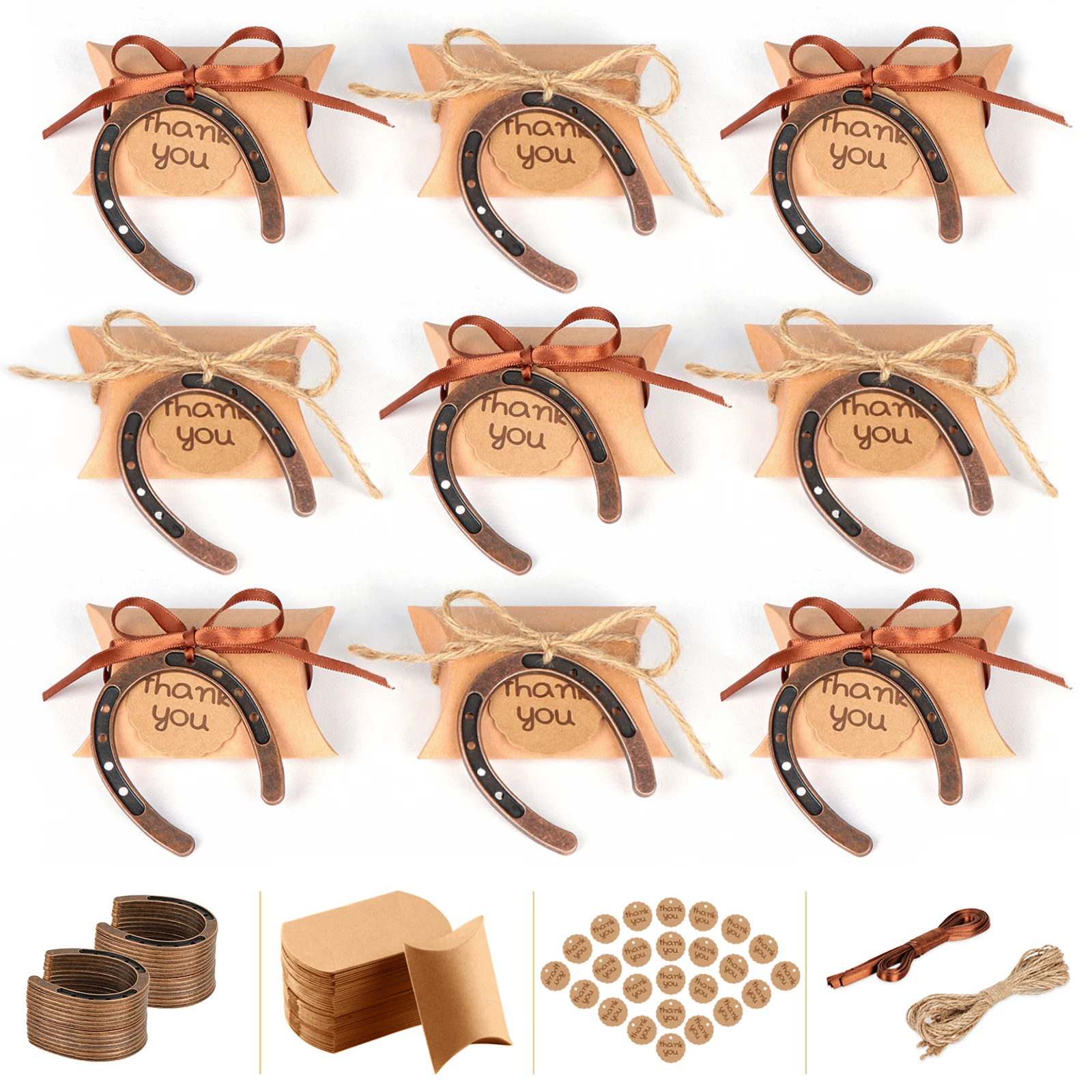 20pcs Good Lucky Horse Shoes with Candy Boxes Kraft Tag Metal Mini Craft Horseshoes Decorations for Rustic Vintage Party Decor