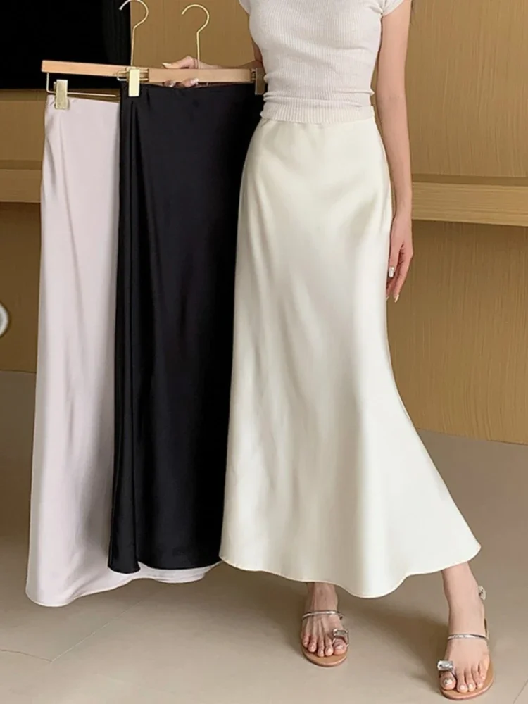 Satin Skirt for Women 2025 Summer High Waisted Long Skirts Office Lady Solid Champagne Black Elastic Waist Women's A-line Skirt