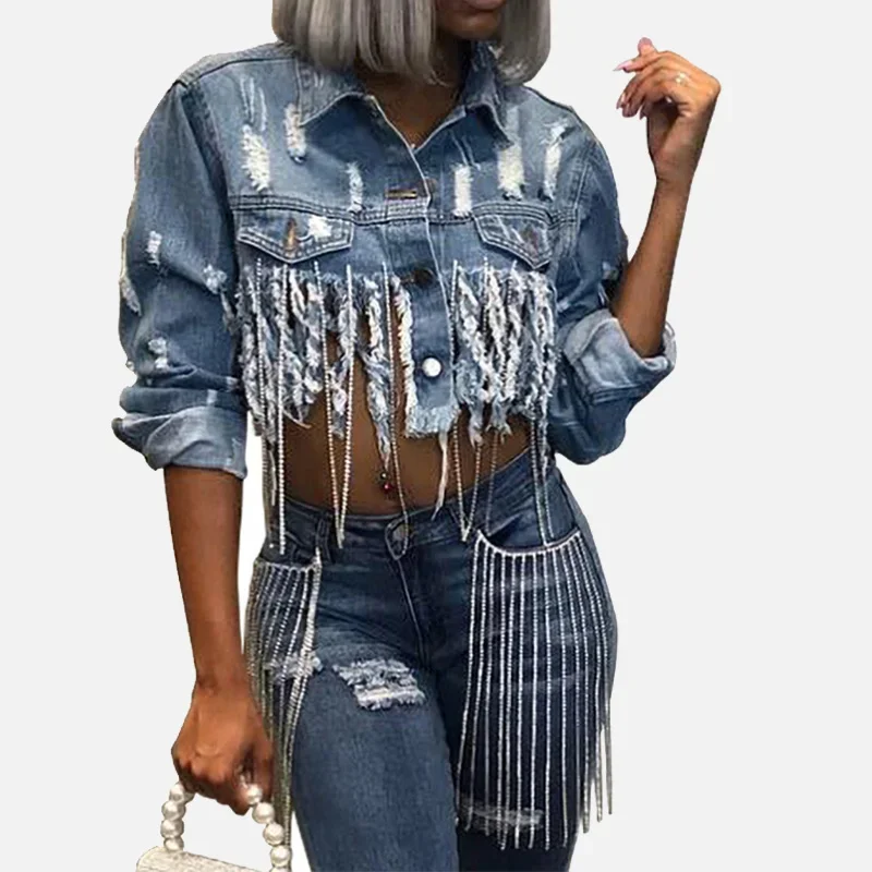 

Tassel Ripped Cropped Jean Jacket Women Autumn Vintage Chain Long Sleeve Denim Jacket Streetwear Short Denim Coat Female Outwear