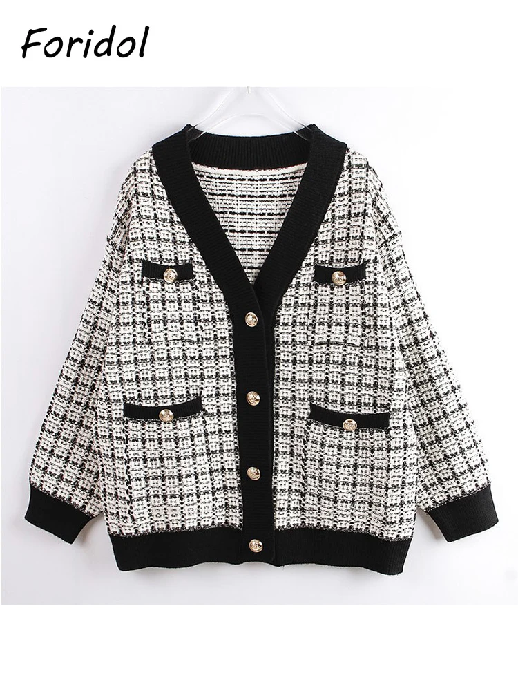 Foridol Oversize Knit Plaid Vintage Cardigans Sweater Autumn Winter Thick White Black Casual Loose Cardigan Pearl Button