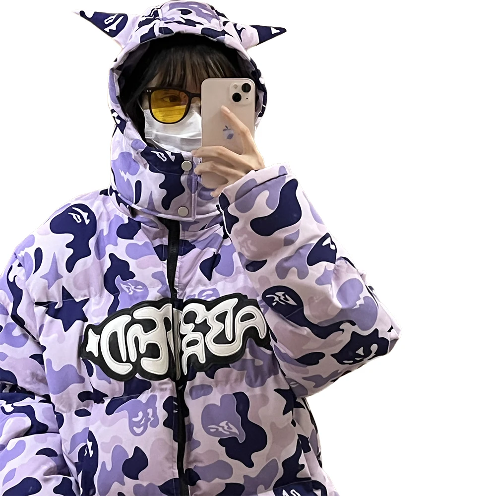 2022 Men Parka Jacket Hip Hop Streetwear Little Devil Designer Hood Padded Jacket Coat Harajuku Winter Cotton Thick Warm Outwear