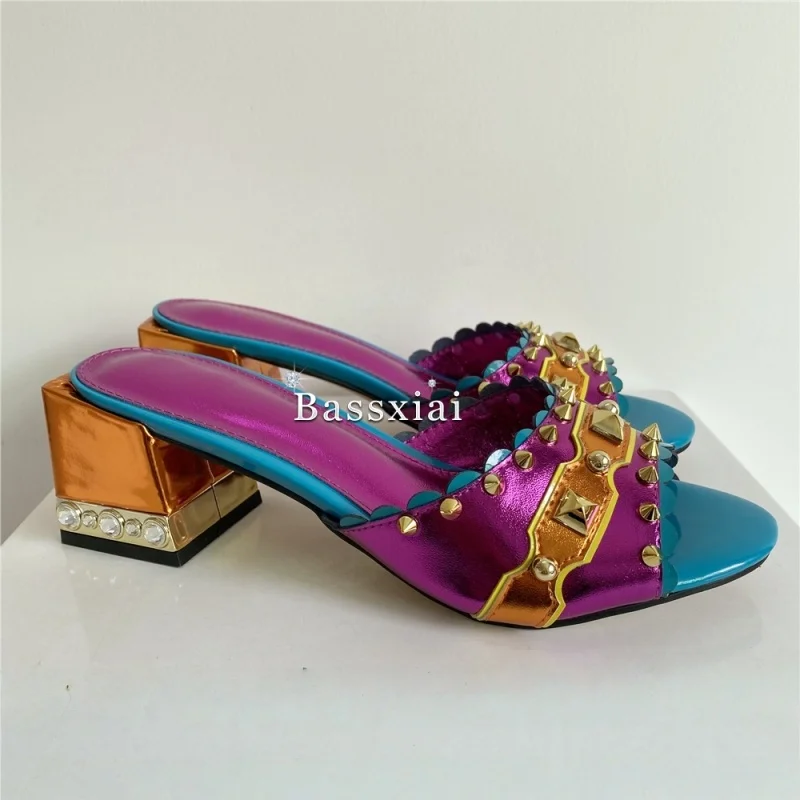 Luxury Rivet T-Strap Sandals Women Jeweled Crystal Square Heel Genuine Leather Mixed Color Party Shoes Summer view 6