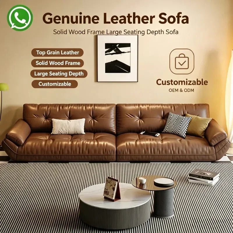 BNew Retro Brown Top‑Grain Genuine Leather Sofa, Button Tufted Solid Wood Frame Wide Seating Depth Couch For Living Room Furnitu