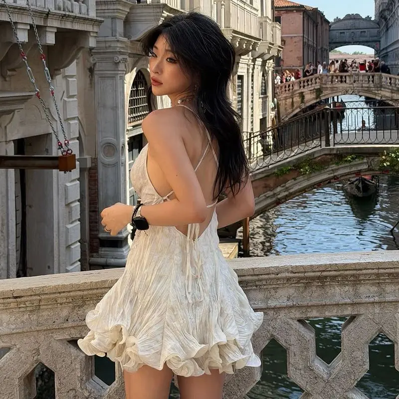Women Sexy Hollow Out Back Strap Sleeveless Dress Summer Vacation V Neck High Waist A Line Sundress Elegant Polyester Beach Part
