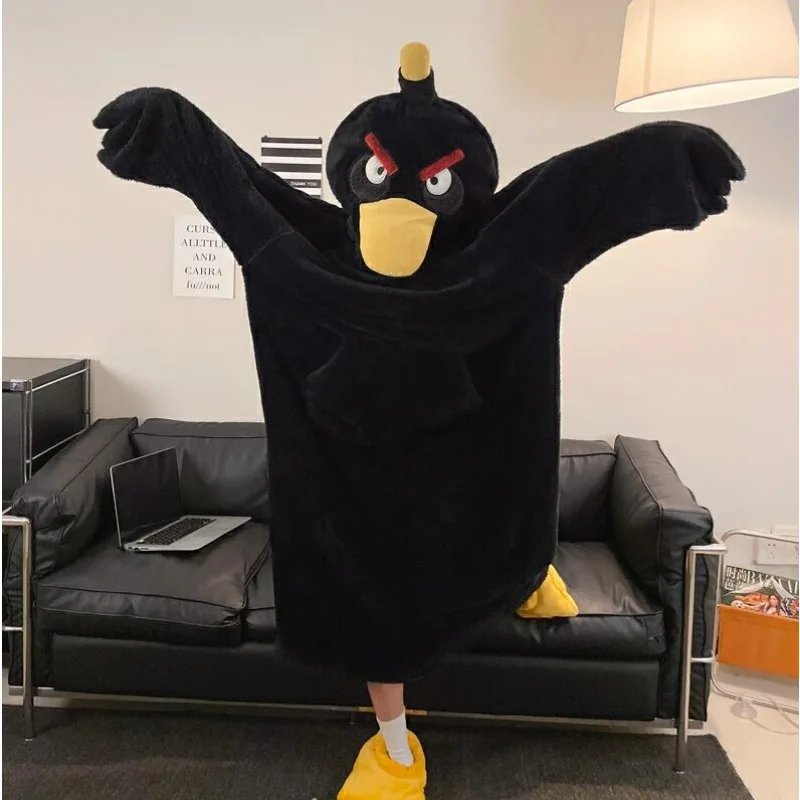 New Angry Birds Black Pajamas Anime Cartoon Personalized Velvet Thickened Warm One-piece Home Clothes Hooded Pajamas Wholesale