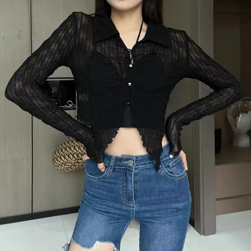 Sexy Streetwear White Shirts Women 2024 Summer Fashion Long Sleeve Black Blusa Feminina Korean Vintage See Through Tops Blouses