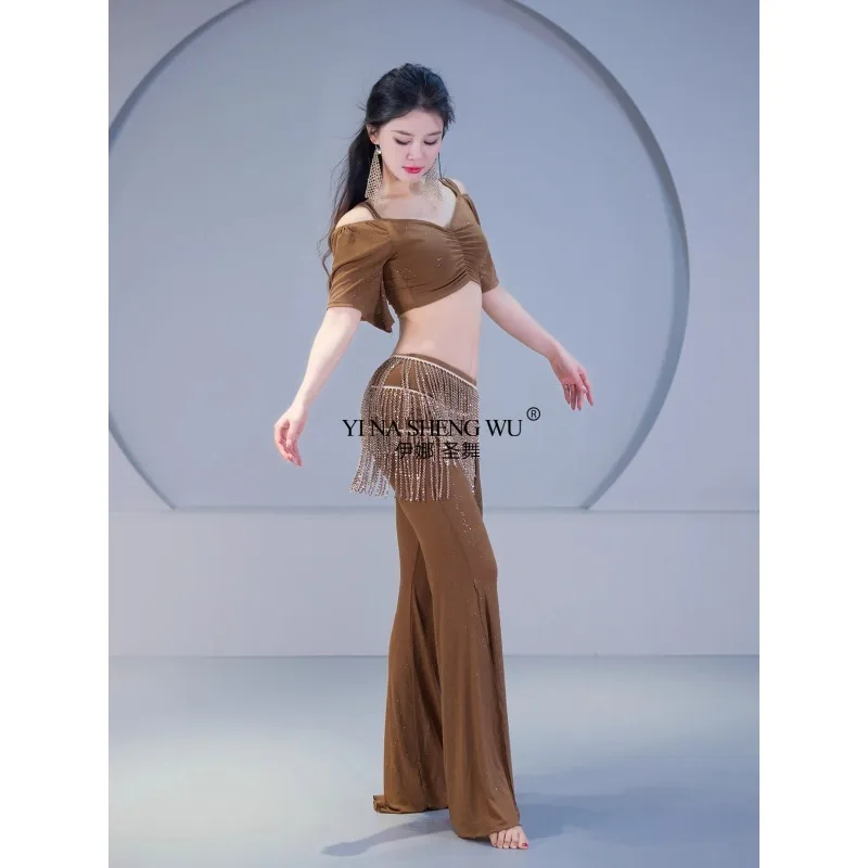 Sparkle Sheer Mesh Outfit Oriental Dance Costume Class Wear Girls Belly Dance Flare Trousers Shimmy 3pcs Suit Top Pants Belt