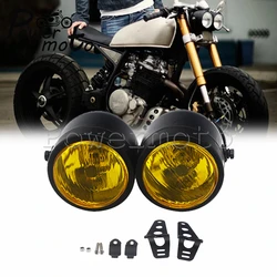 Dual Twin Dominator Headlight Mesh Grill Cafe Racer H4 Double Head Light w Mount Bracket for Harley Honda Bobber Touring Cruiser