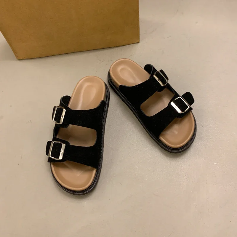 Summer New Non-slip Wear-resistant Silver Metal Buckle Slippers Flat Flip-flops Cow Leather Casual Women's Shoes Slippers Women