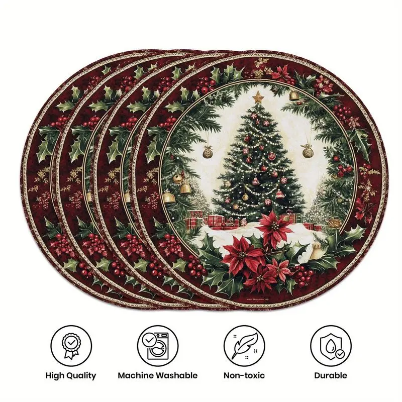 Vintage Wine Red Border Christmas Tree Circular Christmas Placemat, Wear-Resistant Plate Mat, Home Dining Table Decor Placemat