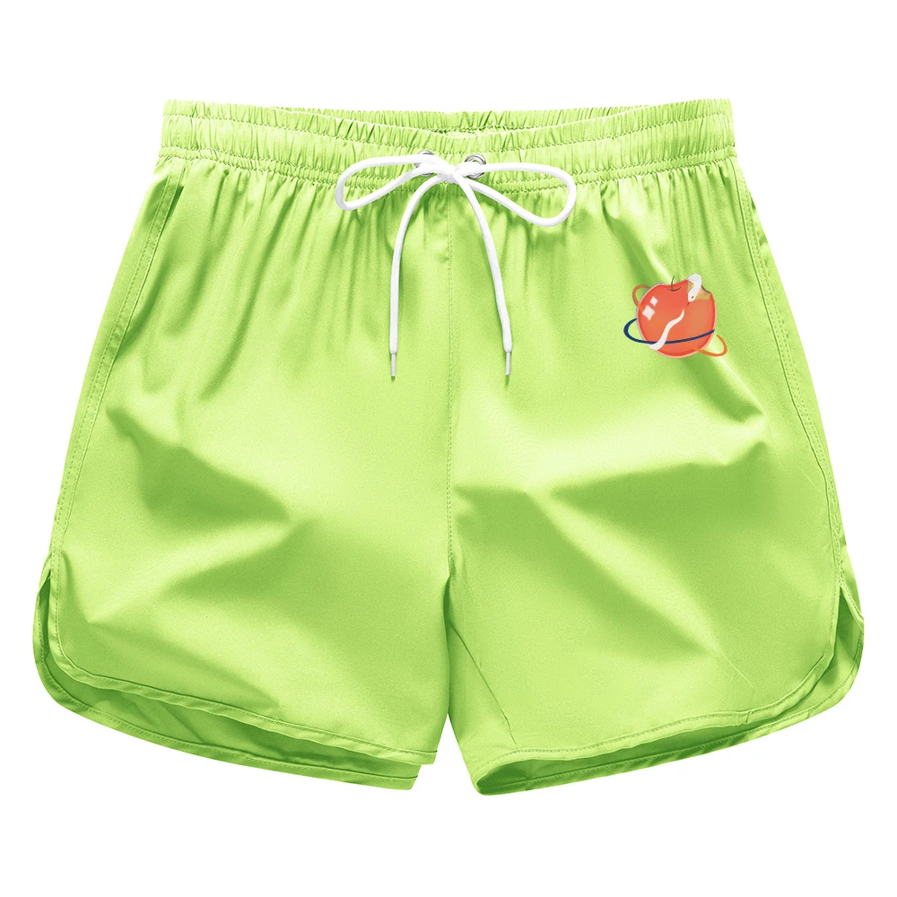 New Summer Beach Shorts With Apple And Snake Print Stylish Athletic Shorts With Pockets Drawstring And Split Hem Design
