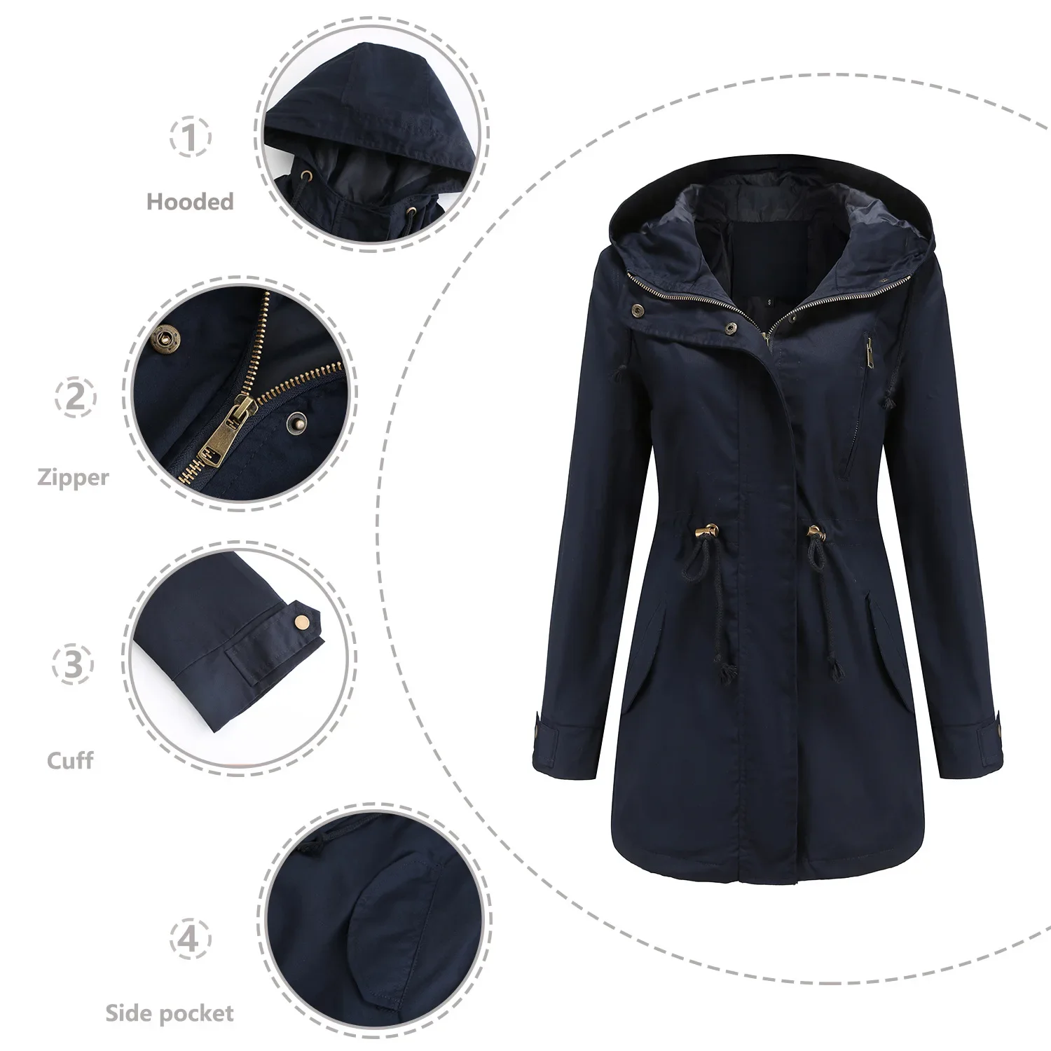 Coat Women Mid Length Coats Trench Hooded Zipper Drawstring Jacket Full Sleeve Casual Regular Slim Fit Solid Splice Jackets