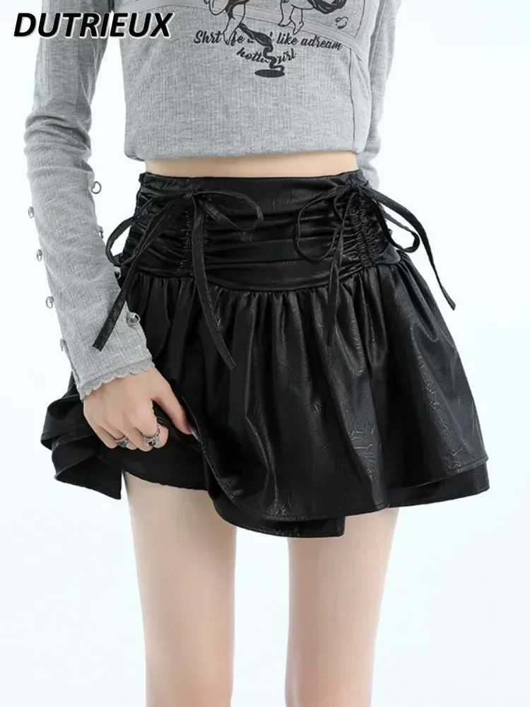 Spice Girl Elastic Waist Pleated Strap-up Bow PU Leather Short Skirt Women's Autumn High Waist A-shaped Ruffle Edge Mini Skirts