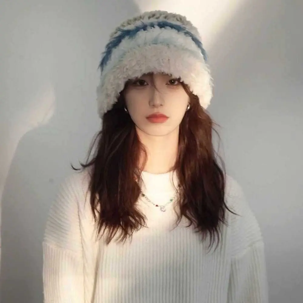 Faux Fur Bucket Hat Cold Protection Ear Protection Women Knitted Beanie Korean Style Thick Warm Pull On Cap Daily Outdoor