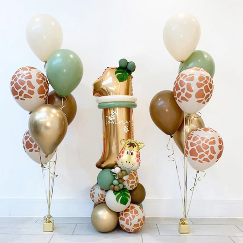 

30pcs Avocado Green Metal Gold Balloon Kit With Jungle Animal Girraffe Print Balloons Set Kids Birthday Safari Party Decorations